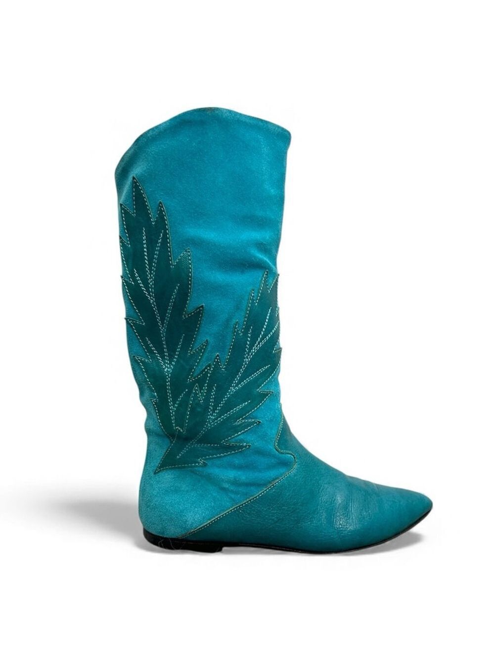 Vintage 70s 80s turquoise Italian suede leather applique mid calf flat boots 8